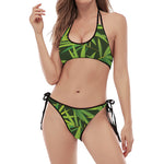 Green Bamboo Leaf Pattern Print Halter Scoop Tie Side Bikini