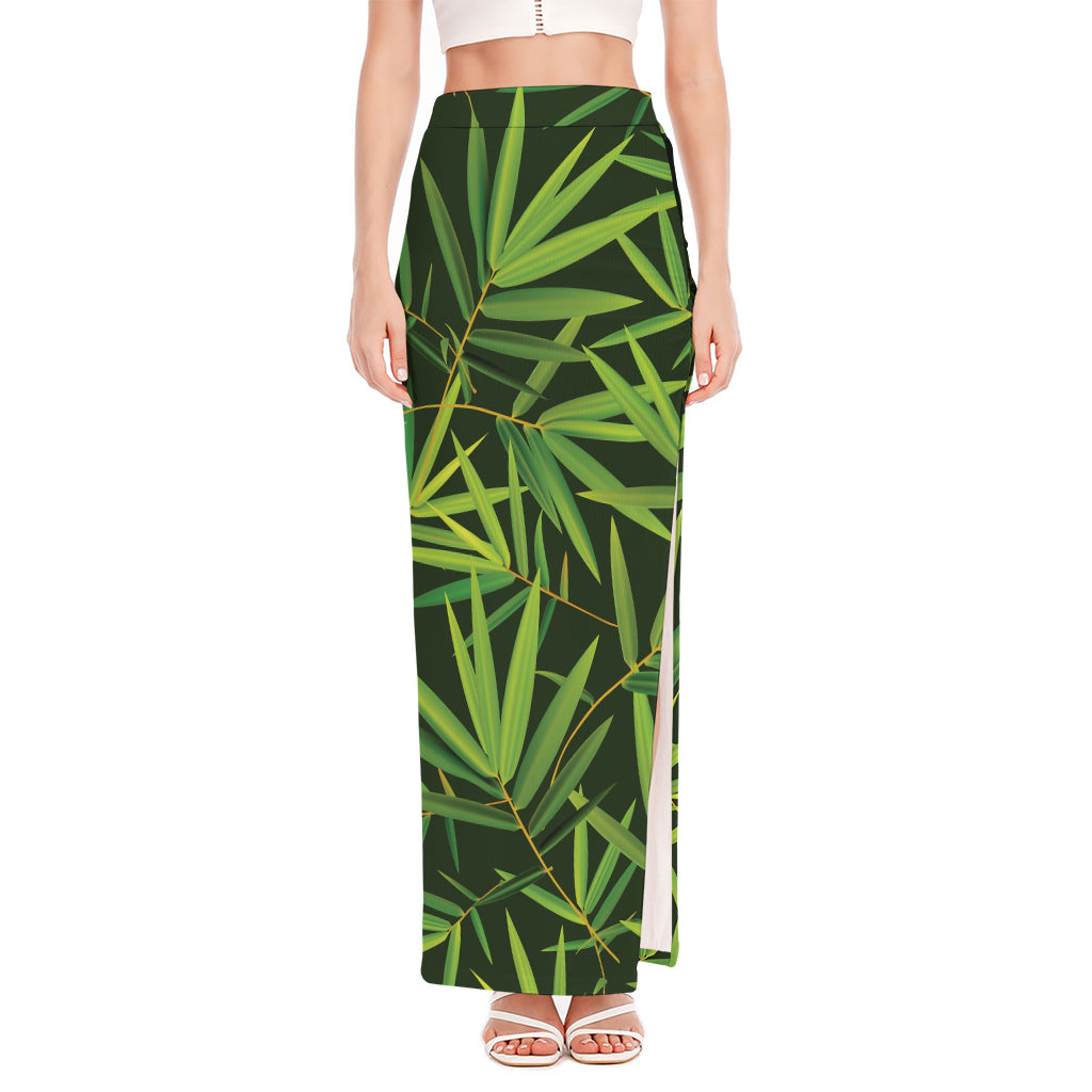 Green Bamboo Leaf Pattern Print High Slit Maxi Skirt