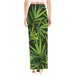 Green Bamboo Leaf Pattern Print High Slit Maxi Skirt