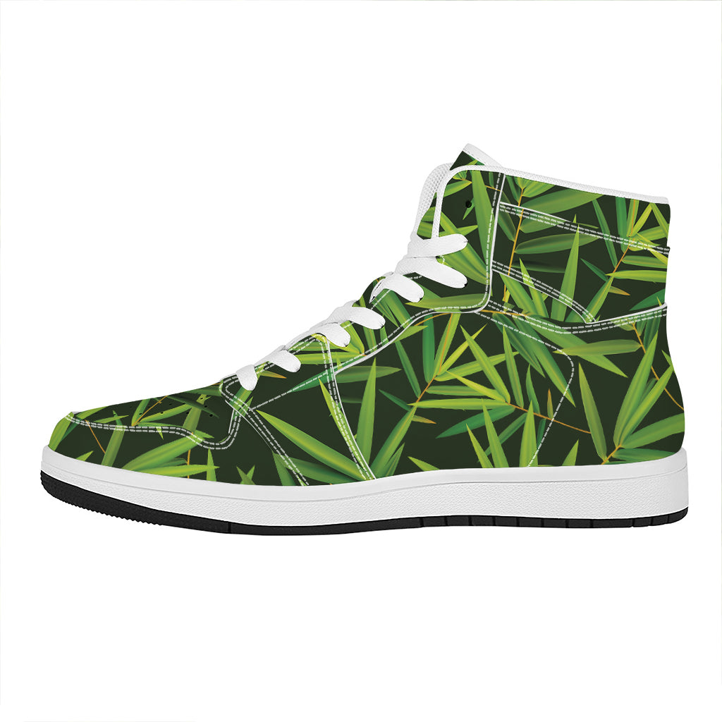 Green Bamboo Leaf Pattern Print High Top Leather Sneakers