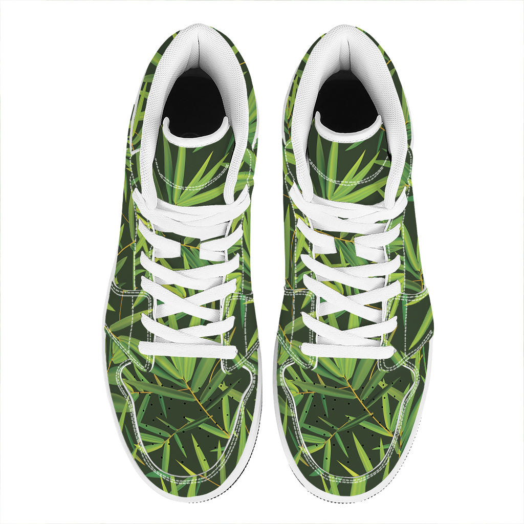 Green Bamboo Leaf Pattern Print High Top Leather Sneakers