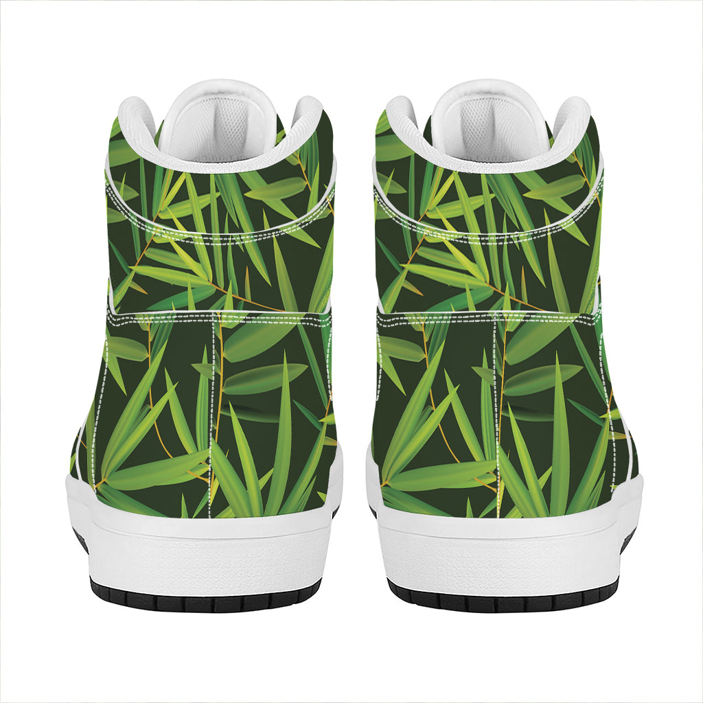 Green Bamboo Leaf Pattern Print High Top Leather Sneakers