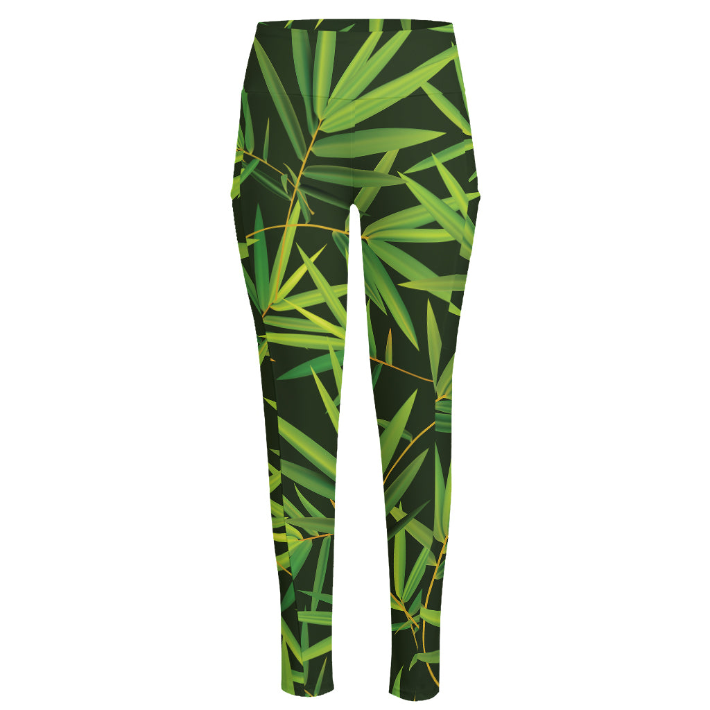 Green Bamboo Leaf Pattern Print High-Waisted Pocket Leggings