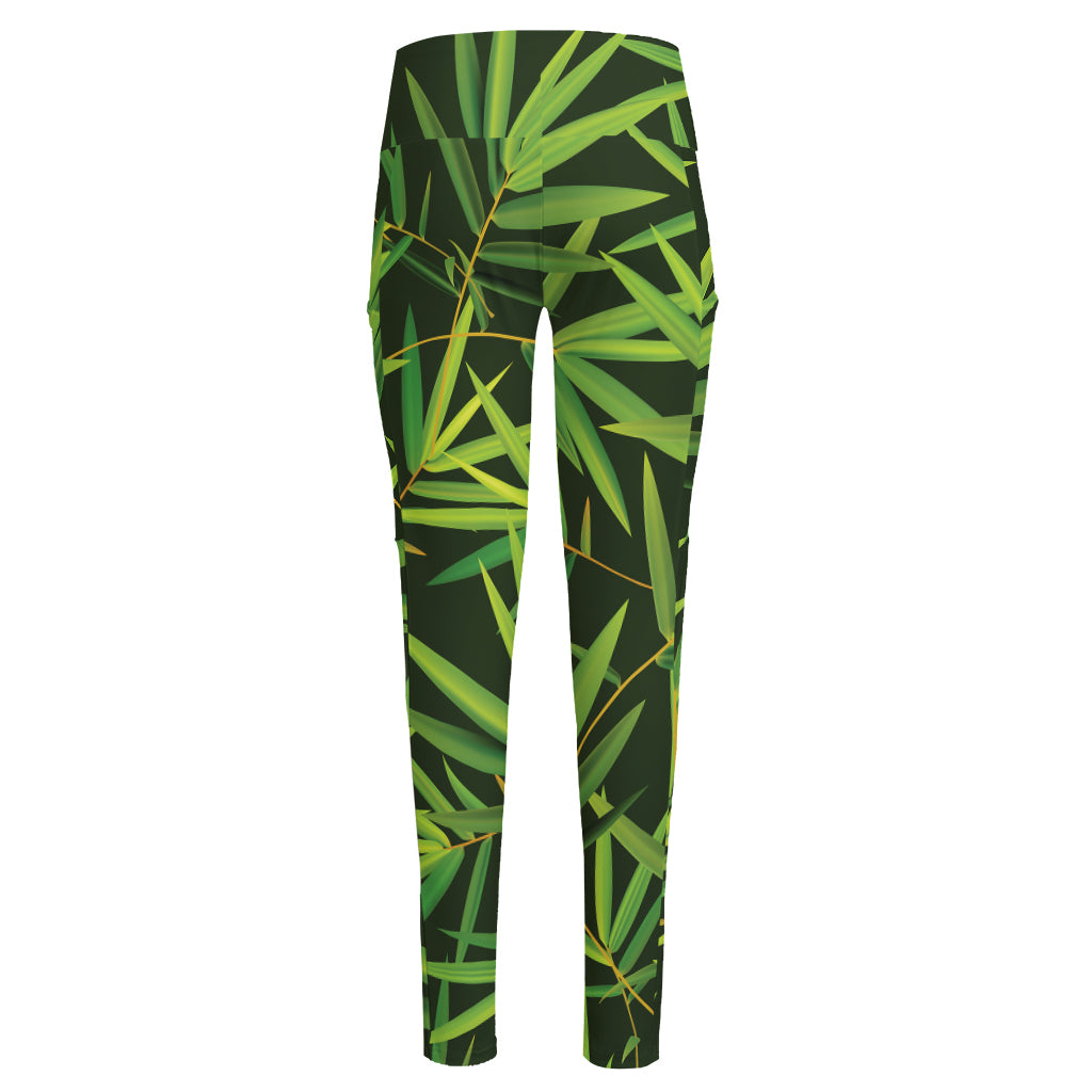 Green Bamboo Leaf Pattern Print High-Waisted Pocket Leggings