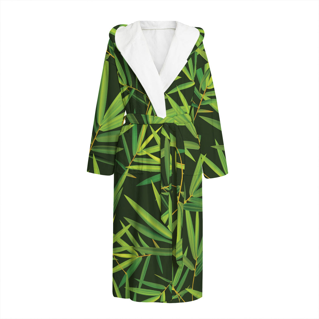 Green Bamboo Leaf Pattern Print Hooded Bathrobe