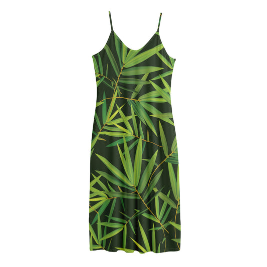 Green Bamboo Leaf Pattern Print Jersey Midi Cami Dress