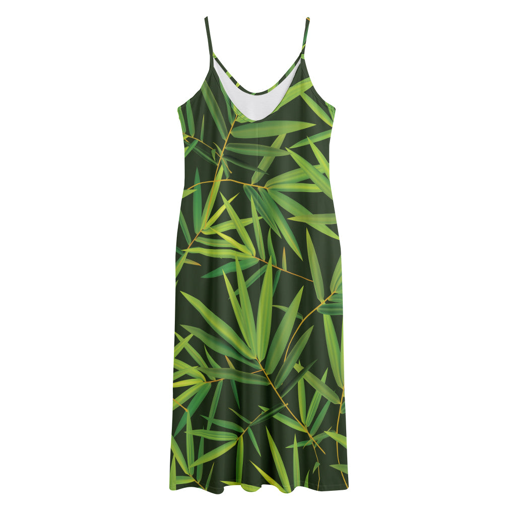 Green Bamboo Leaf Pattern Print Jersey Midi Cami Dress