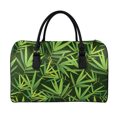 Green Bamboo Leaf Pattern Print Leather Duffle Bag