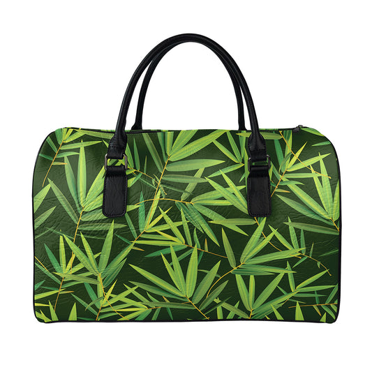 Green Bamboo Leaf Pattern Print Leather Duffle Bag
