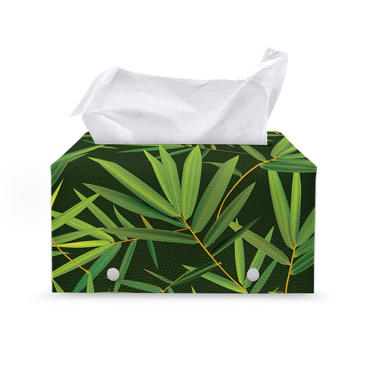 Green Bamboo Leaf Pattern Print Leather Tissue Box Cover
