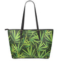 Green Bamboo Leaf Pattern Print Leather Tote Bag With Zipper