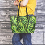 Green Bamboo Leaf Pattern Print Leather Tote Bag