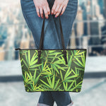 Green Bamboo Leaf Pattern Print Leather Tote Bag