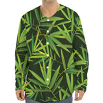 Green Bamboo Leaf Pattern Print Long Sleeve Baseball Jersey