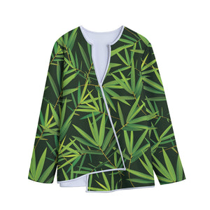 Green Bamboo Leaf Pattern Print Long Sleeve Short Coat