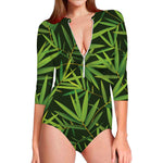 Green Bamboo Leaf Pattern Print Long Sleeve Swimsuit