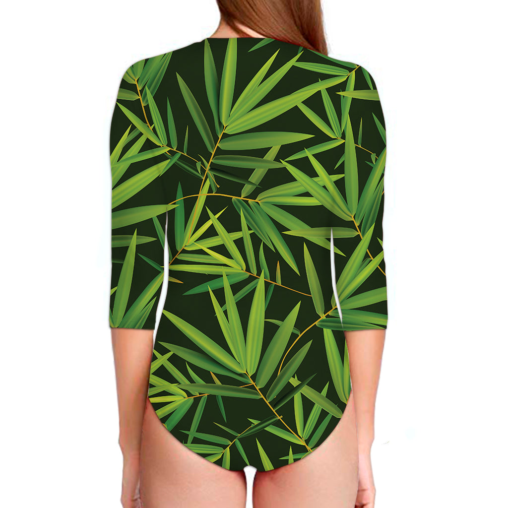 Green Bamboo Leaf Pattern Print Long Sleeve Swimsuit