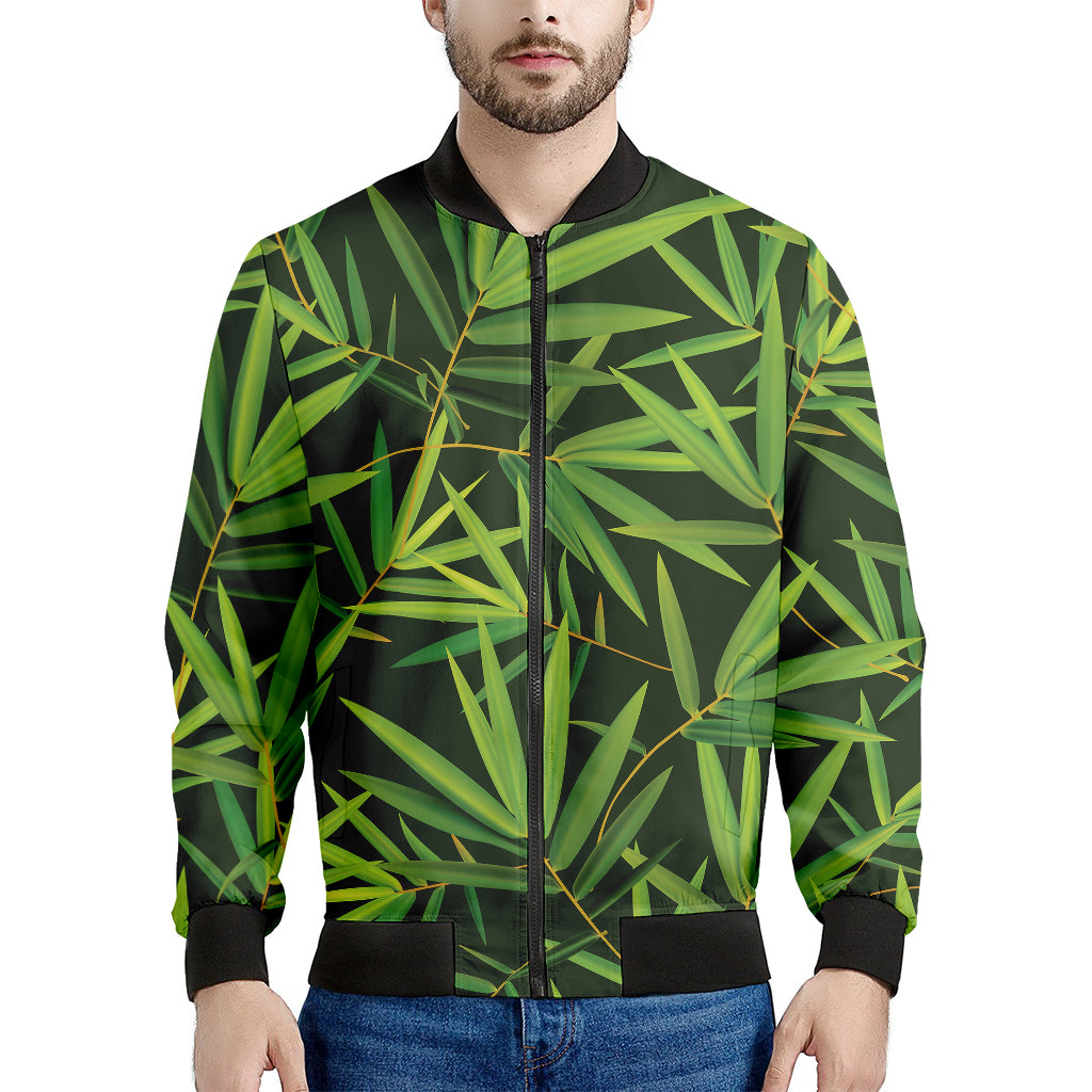 Green Bamboo Leaf Pattern Print Men's Bomber Jacket