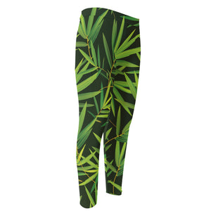 Green Bamboo Leaf Pattern Print Men's Compression Pants