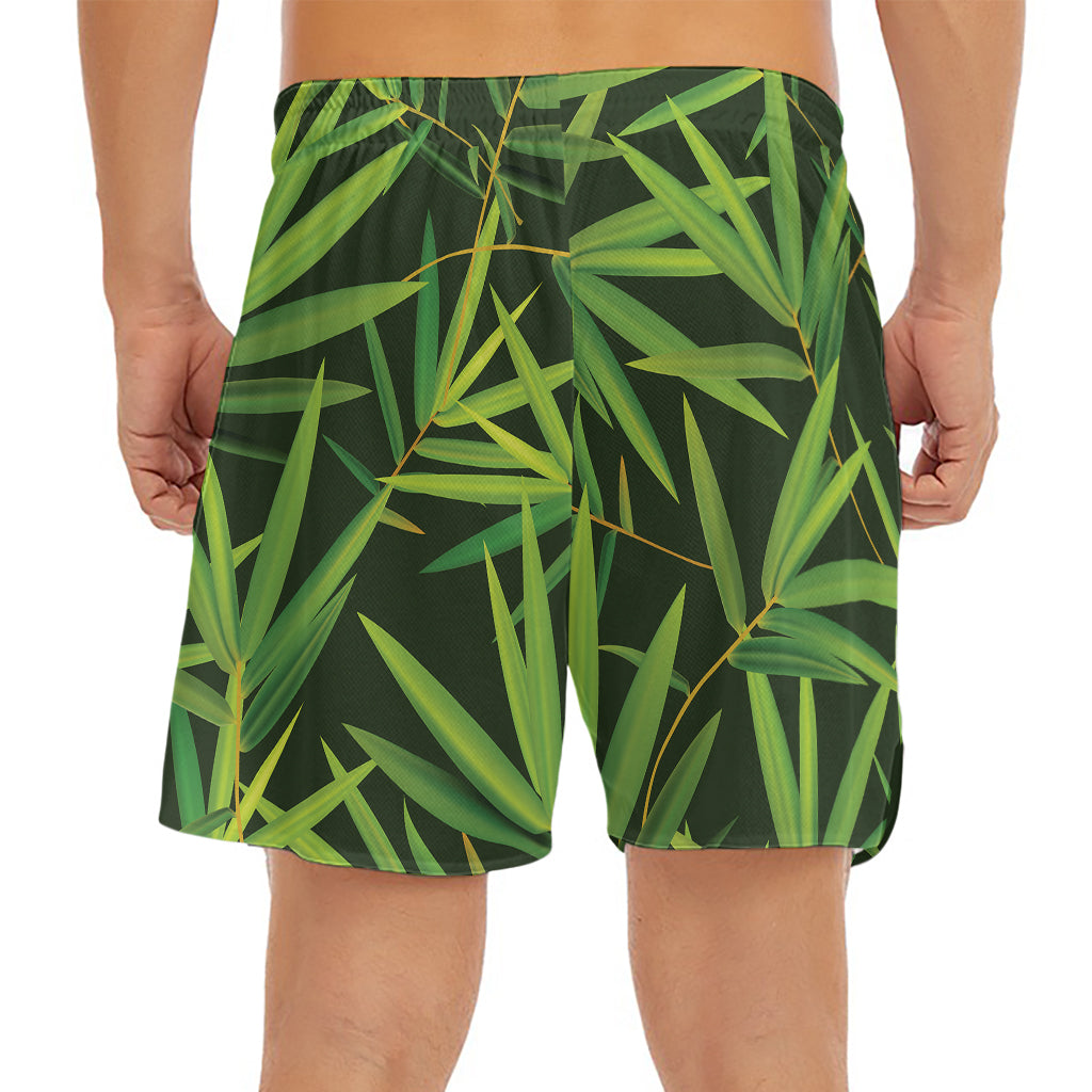 Green Bamboo Leaf Pattern Print Men's Split Running Shorts