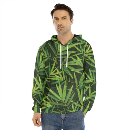 Green Bamboo Leaf Pattern Print Men's Velvet Pullover Hoodie