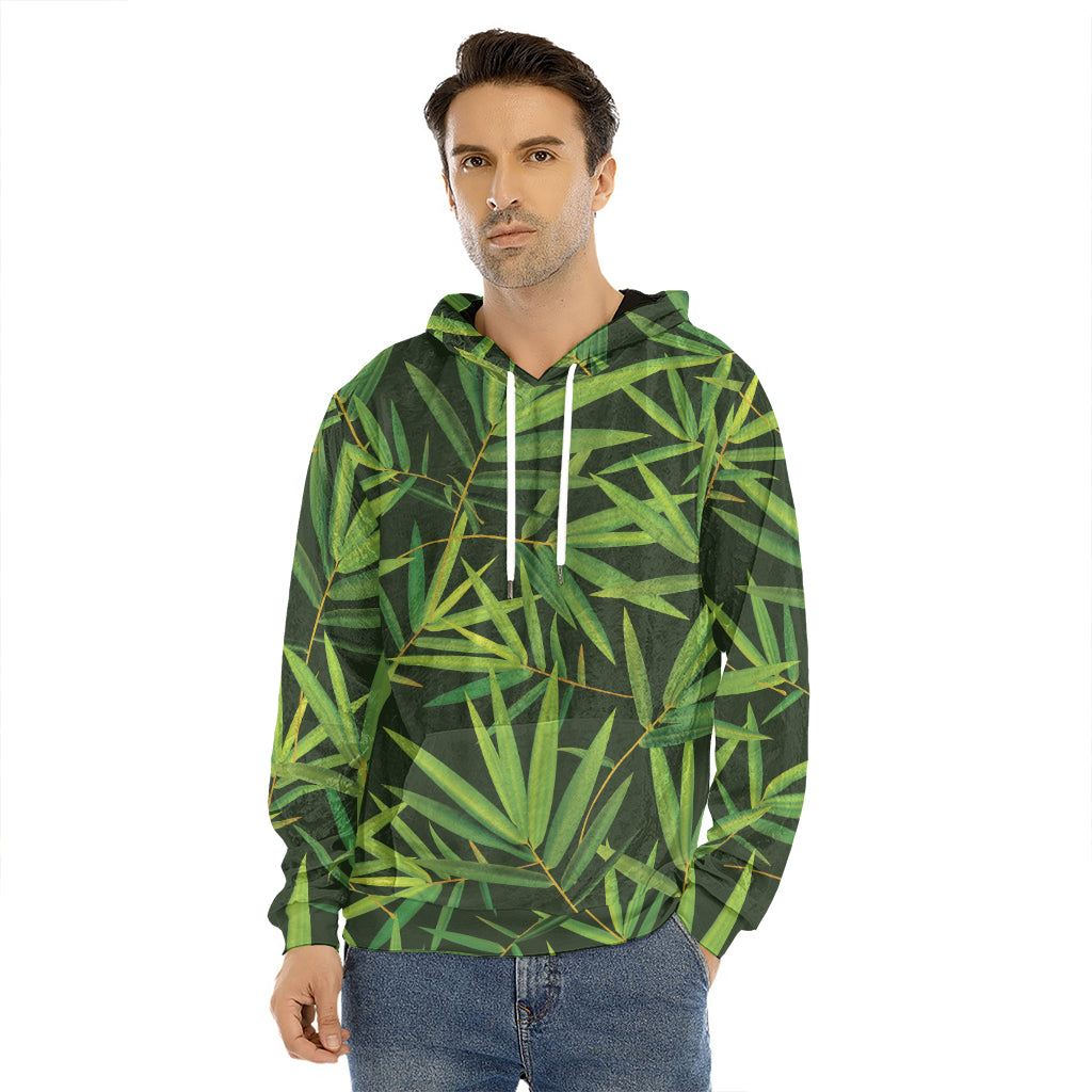 Green Bamboo Leaf Pattern Print Men's Velvet Pullover Hoodie