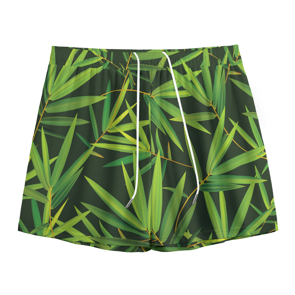 Green Bamboo Leaf Pattern Print Mesh Shorts