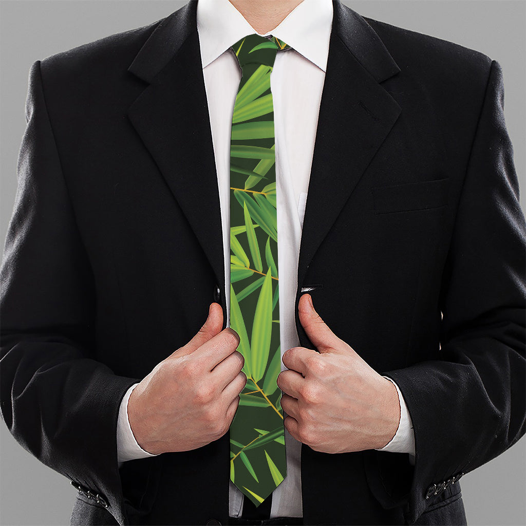 Green Bamboo Leaf Pattern Print Necktie