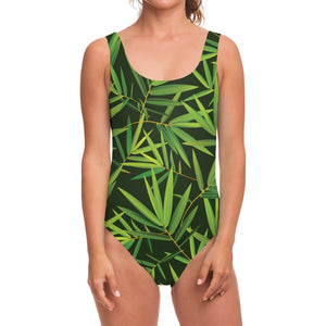 Green Bamboo Leaf Pattern Print One Piece Swimsuit