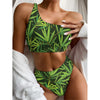 Green Bamboo Leaf Pattern Print One Shoulder Bikini Top