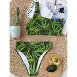 Green Bamboo Leaf Pattern Print One Shoulder Bikini Top