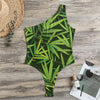 Green Bamboo Leaf Pattern Print One Shoulder Bodysuit