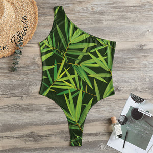 Green Bamboo Leaf Pattern Print One Shoulder Bodysuit