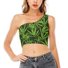 Green Bamboo Leaf Pattern Print One Shoulder Crop Top