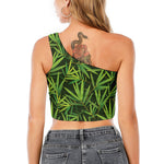 Green Bamboo Leaf Pattern Print One Shoulder Crop Top