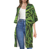 Green Bamboo Leaf Pattern Print Open Front Beach Cover Up