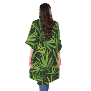 Green Bamboo Leaf Pattern Print Open Front Beach Cover Up