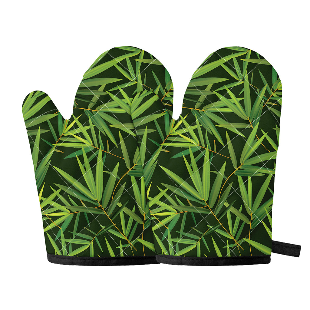 Green Bamboo Leaf Pattern Print Oven Mitts
