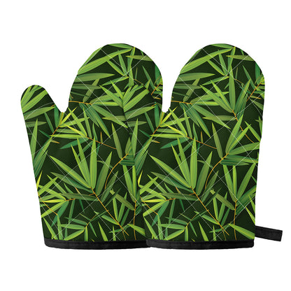 Green Bamboo Leaf Pattern Print Oven Mitts