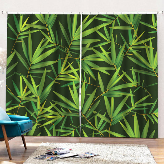 Green Bamboo Leaf Pattern Print Pencil Pleat Curtains