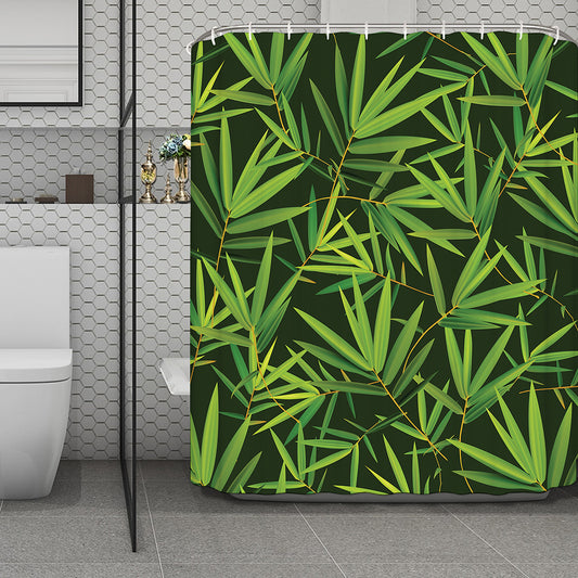 Green Bamboo Leaf Pattern Print Polyester Shower Curtain