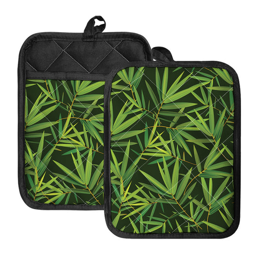 Green Bamboo Leaf Pattern Print Pot Holders With Pocket