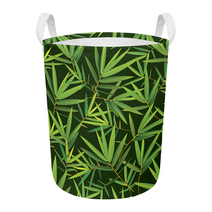Green Bamboo Leaf Pattern Print Round Laundry Basket