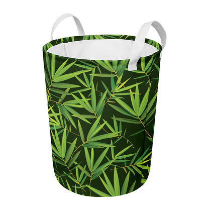 Green Bamboo Leaf Pattern Print Round Laundry Basket