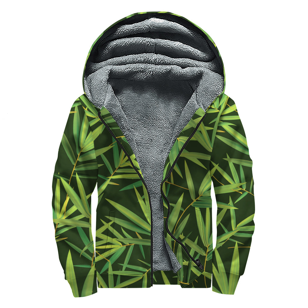 Green Bamboo Leaf Pattern Print Sherpa Lined Zip Up Hoodie