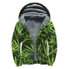 Green Bamboo Leaf Pattern Print Sherpa Lined Zip Up Hoodie