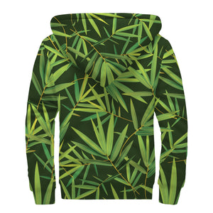 Green Bamboo Leaf Pattern Print Sherpa Lined Zip Up Hoodie