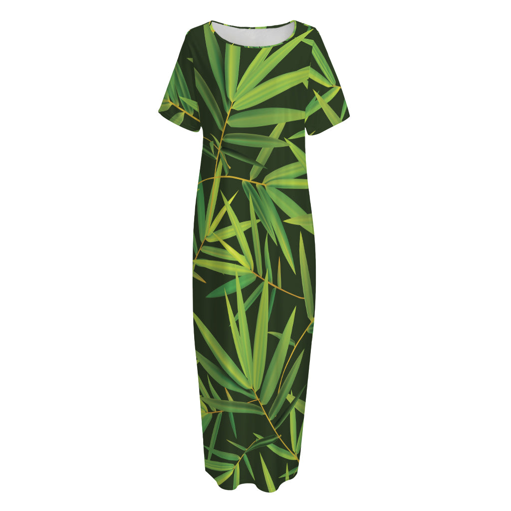 Green Bamboo Leaf Pattern Print Short Sleeve Long Nightdress