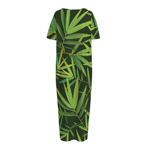 Green Bamboo Leaf Pattern Print Short Sleeve Long Nightdress