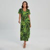 Green Bamboo Leaf Pattern Print Short Sleeve Maxi Dress